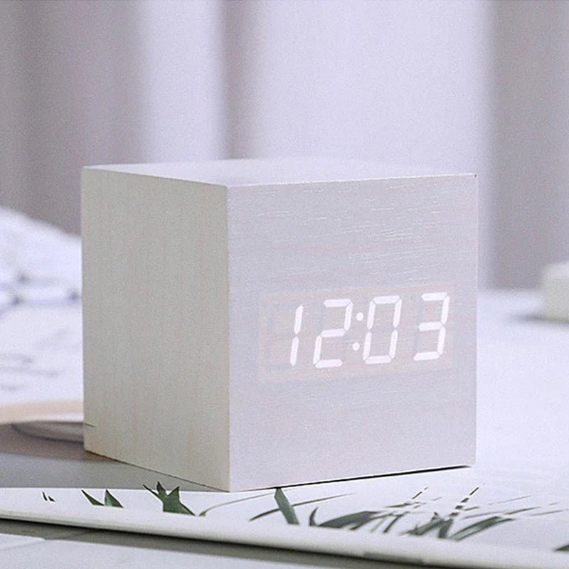 Wooden Digital Alarm Clock with Temperature Cube, Art Ornaments, Decoration Supplies, USB/AAA Powered, Electronic Desktop Clocks