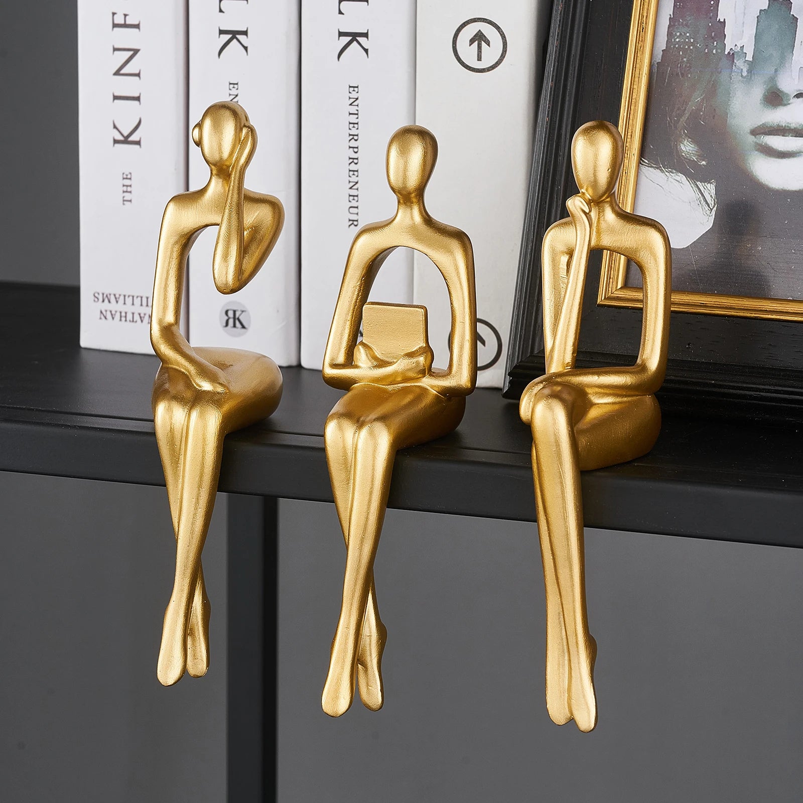 Nordic Home Decor Art Desktop Gold Sculpture Crafts Office Desk Accessories Thinker Figure Statue Luxury Living Room Decoration