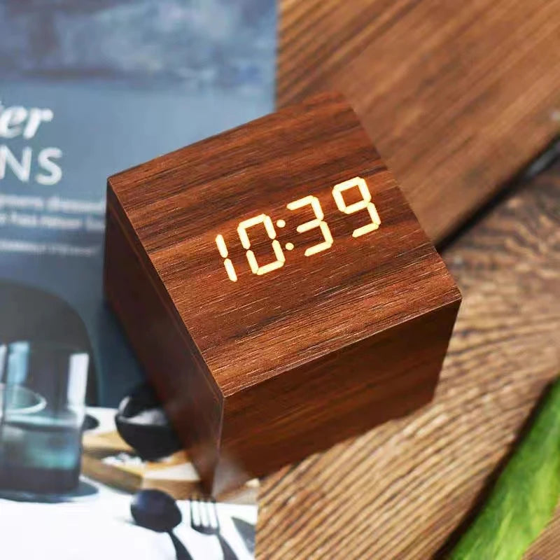 Wooden Digital Alarm Clock with Temperature Cube, Art Ornaments, Decoration Supplies, USB/AAA Powered, Electronic Desktop Clocks