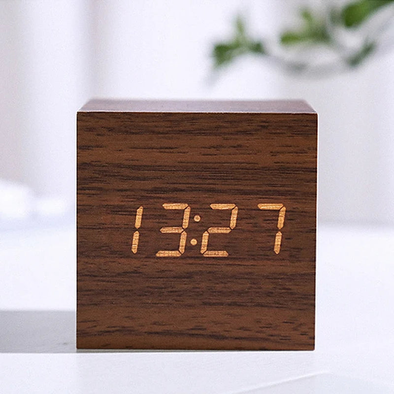 Wooden Digital Alarm Clock with Temperature Cube, Art Ornaments, Decoration Supplies, USB/AAA Powered, Electronic Desktop Clocks